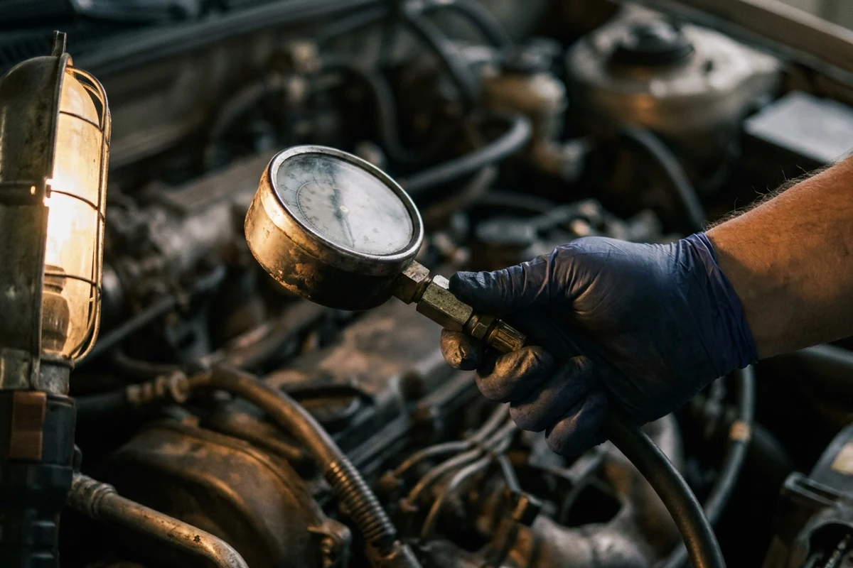 A gloved hand holding a compression tester gauge against an engine bay