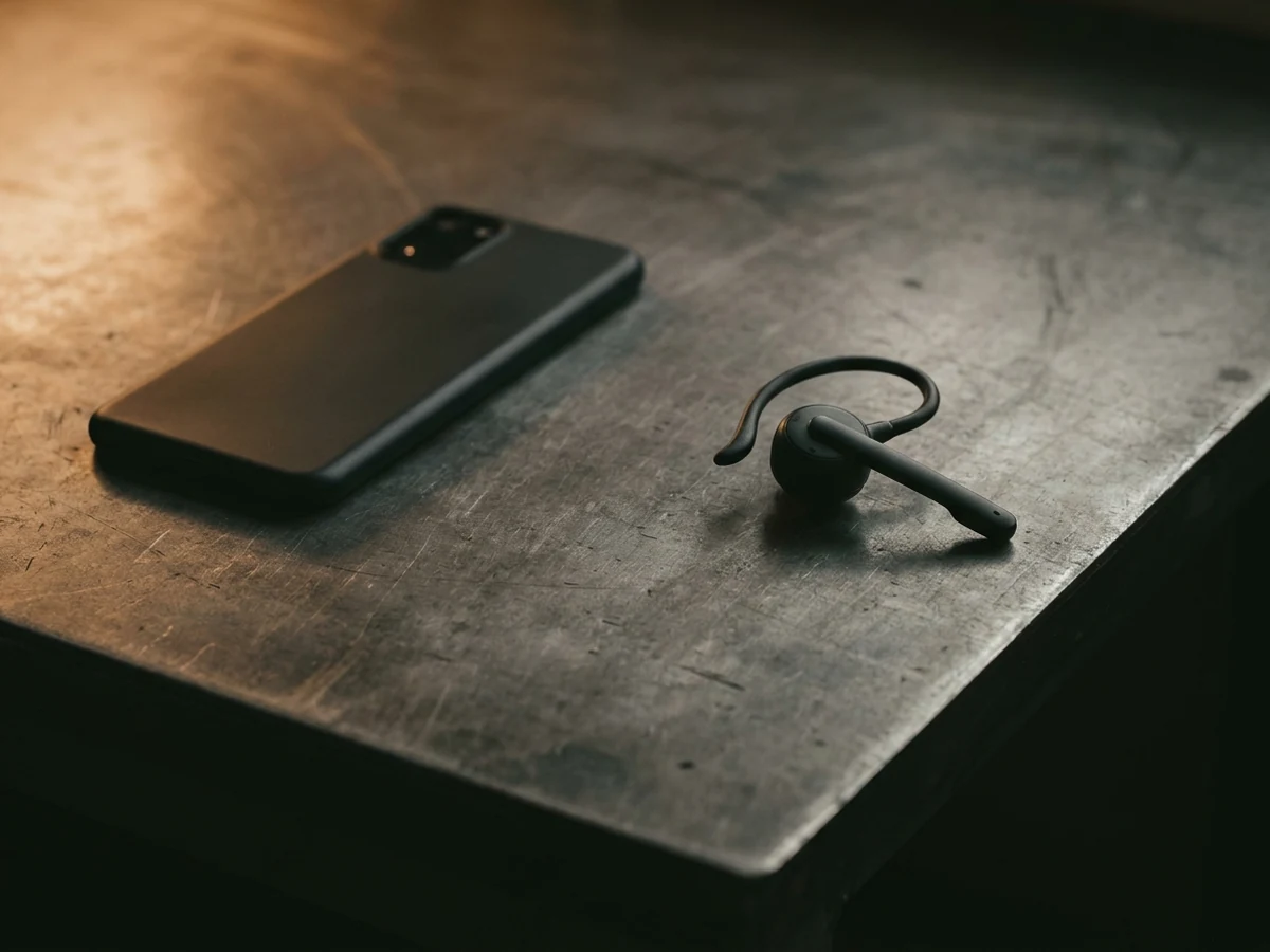 A smartphone, an over-ear headset with a boom microphone, and a small round Bluetooth clip button laid out on a steel workbench
