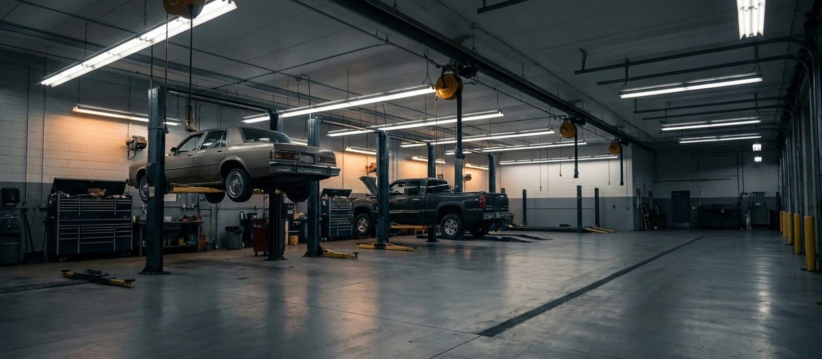 A multi-bay auto repair shop with vehicles raised on hoists and tool chests along the wall