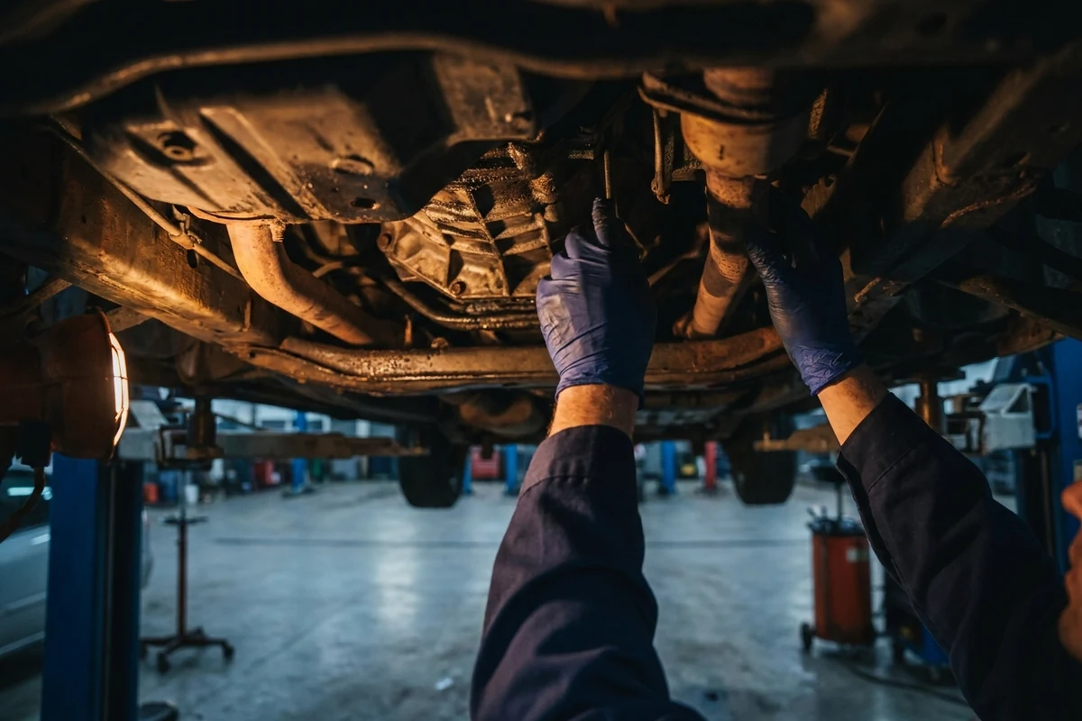A technician's gloved hands reaching up into the underside of a vehicle raised on a hoist