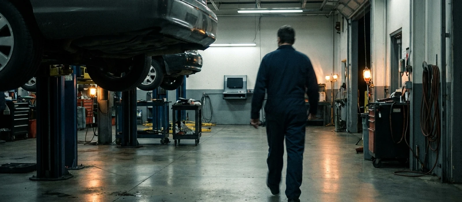A technician walking away from a raised vehicle toward a terminal on the far wall of the shop